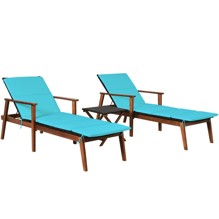 3PCS Outdoor Patio Lounge Chair Set w/ Folding Table Turquoise Cushion Image 7