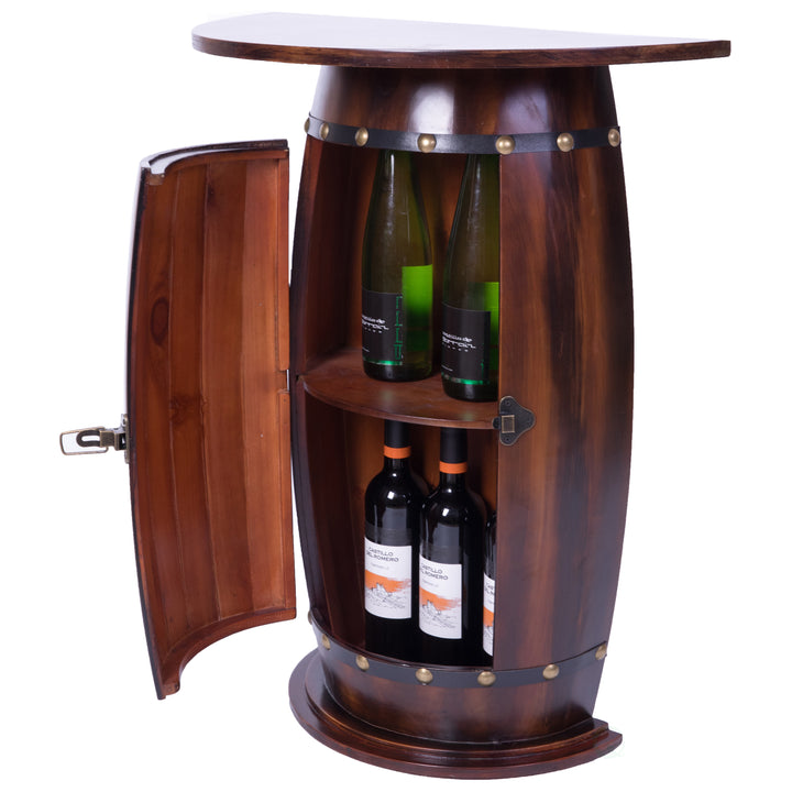 Wooden Wine Barrel Console Bar Table Lockable Storage Cabinet Rustic Design 11.75x23.5 Image 1