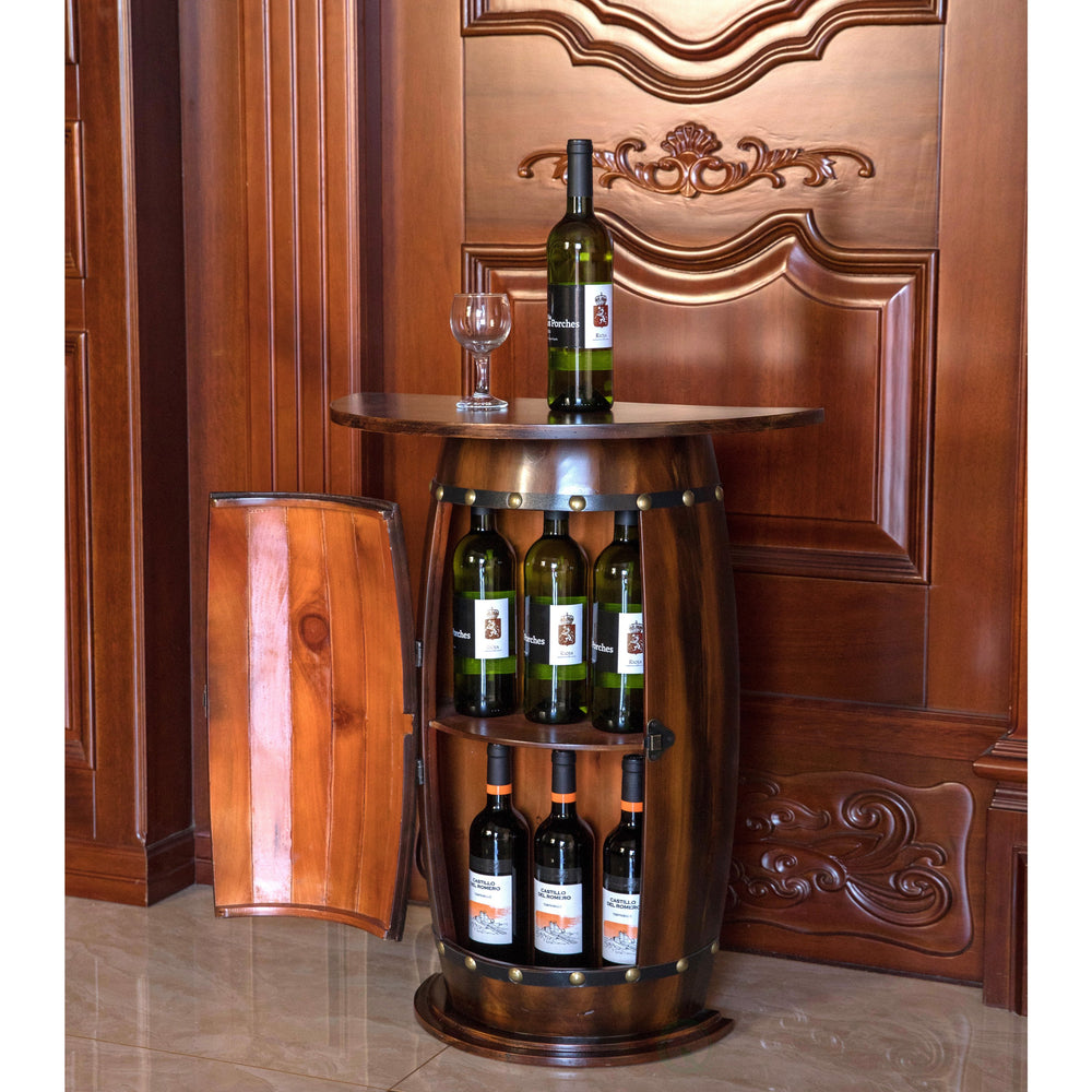 Wooden Wine Barrel Console Bar Table Lockable Storage Cabinet Rustic Design 11.75x23.5 Image 2