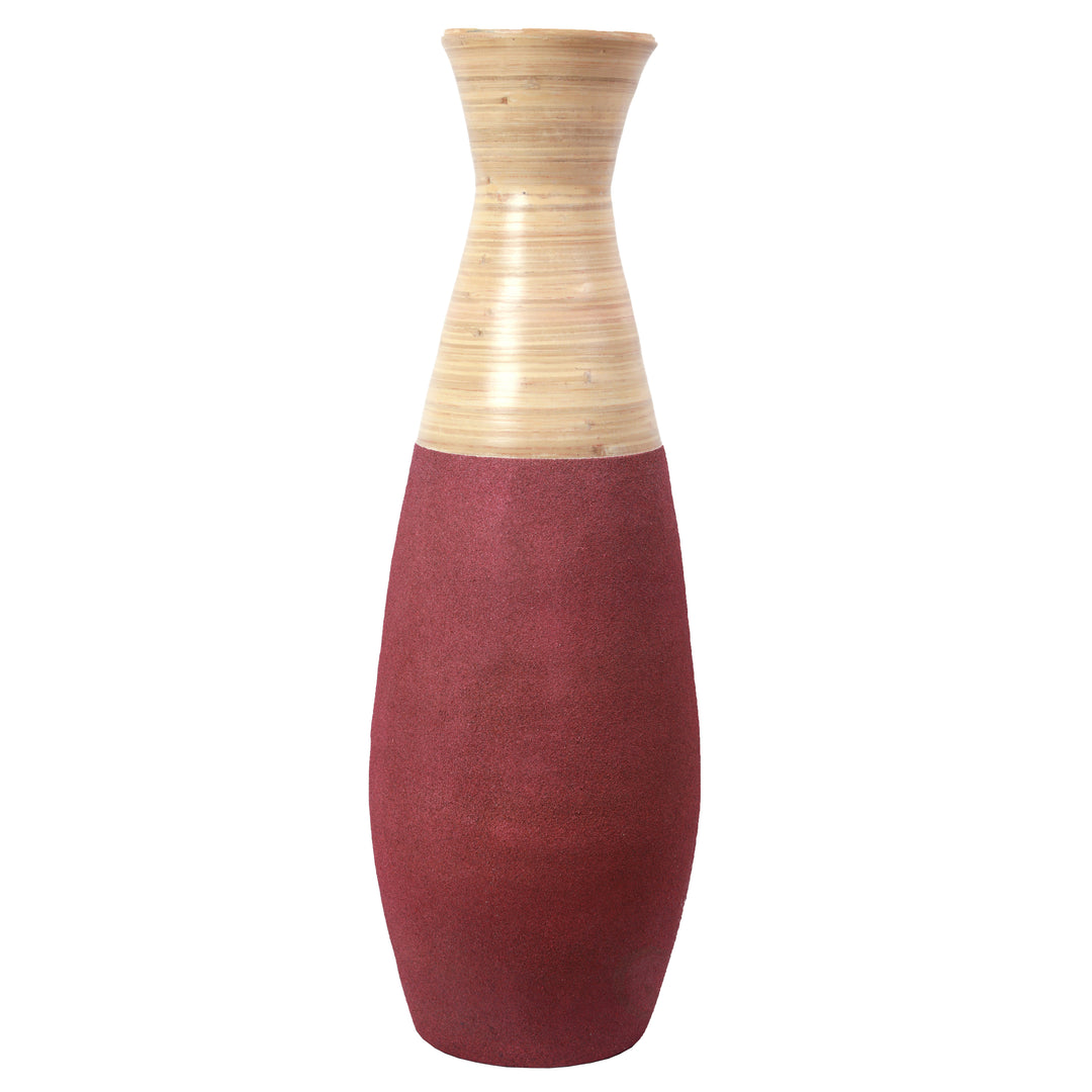31.5 inch Tall Handcrafted Bamboo Floor Vase, Burgundy and Natural Finish, Decorative Accent, Large Floor Vase, Image 1