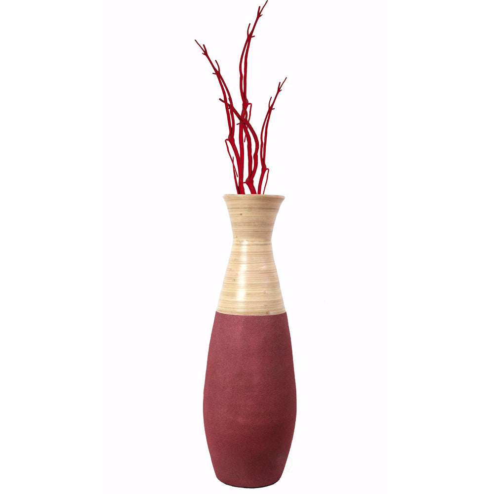 31.5 inch Tall Handcrafted Bamboo Floor Vase, Burgundy and Natural Finish, Decorative Accent, Large Floor Vase, Image 2