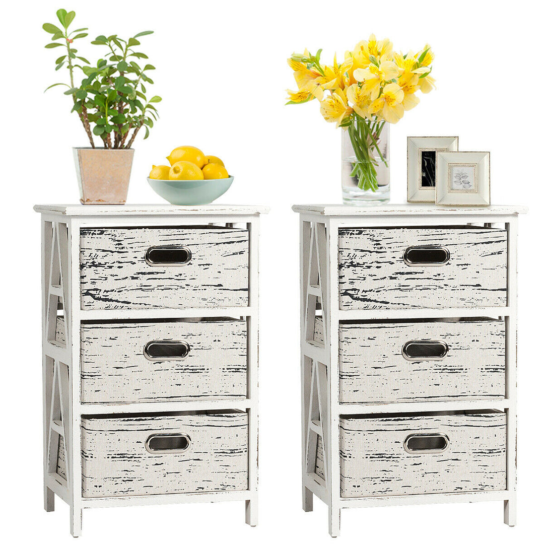 Set of 2 Chest w/3 Fabric Drawers Vintage Wood Frame End Side Table Nightstand Image 1