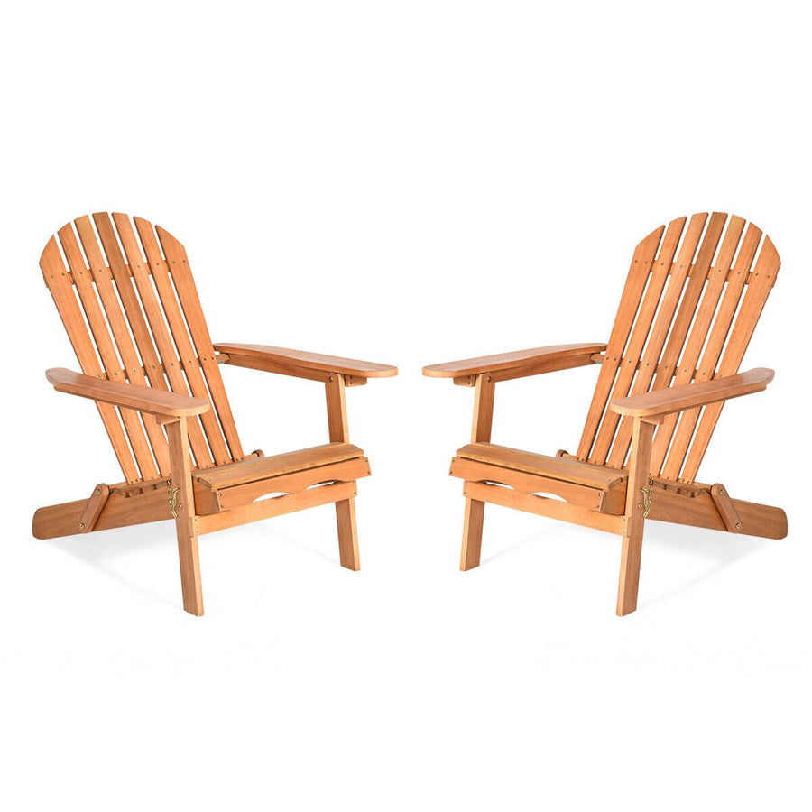 2 PCS Eucalyptus Adirondack Chair Foldable Outdoor Wood Lounger Chair Natural Image 1