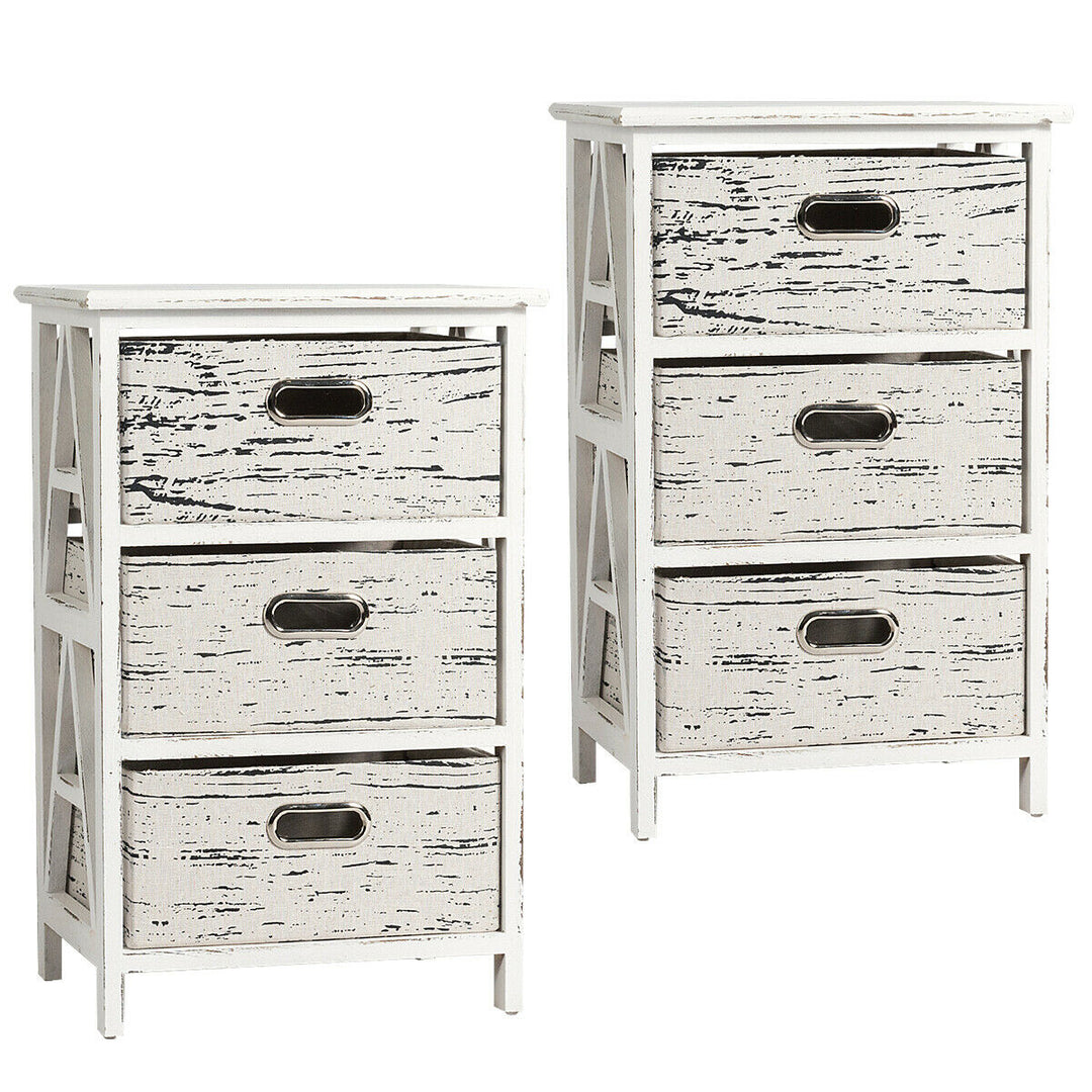 Set of 2 Chest w/3 Fabric Drawers Vintage Wood Frame End Side Table Nightstand Image 8