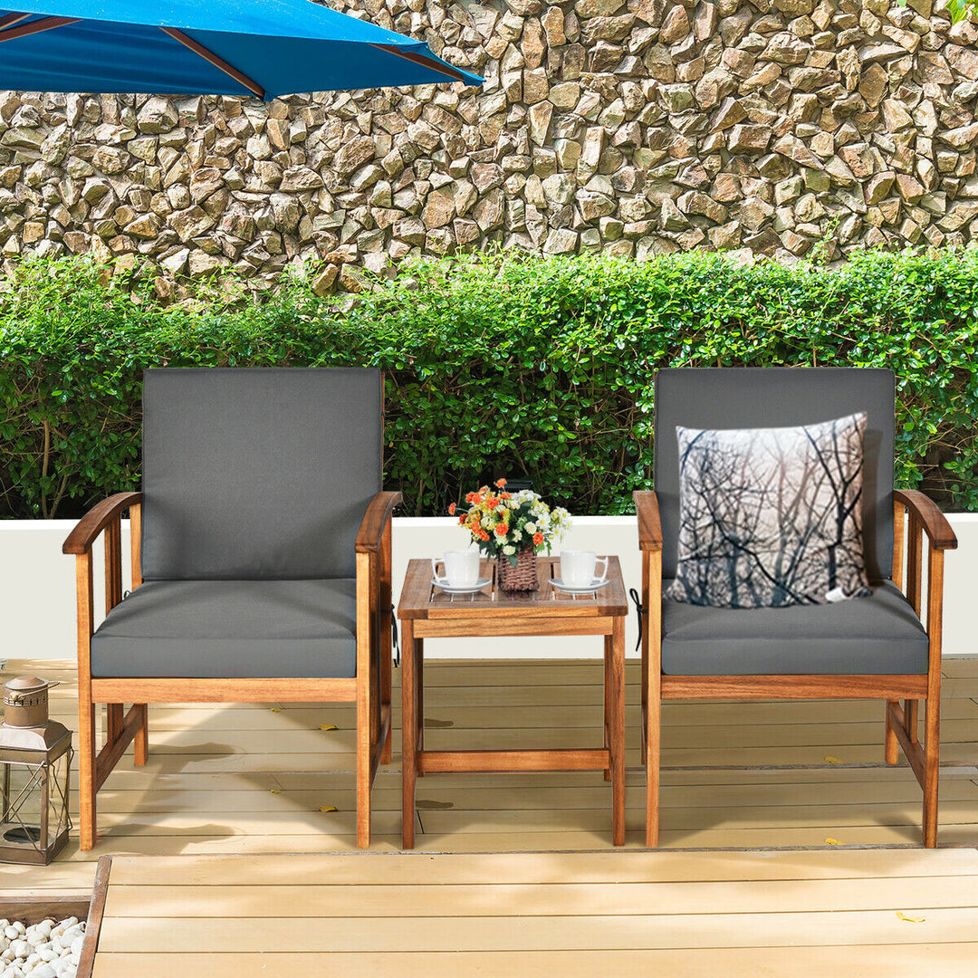 3PCS Outdoor Patio Sofa Furniture Set Solid Wood Cushioned Conversation Set Grey Image 3