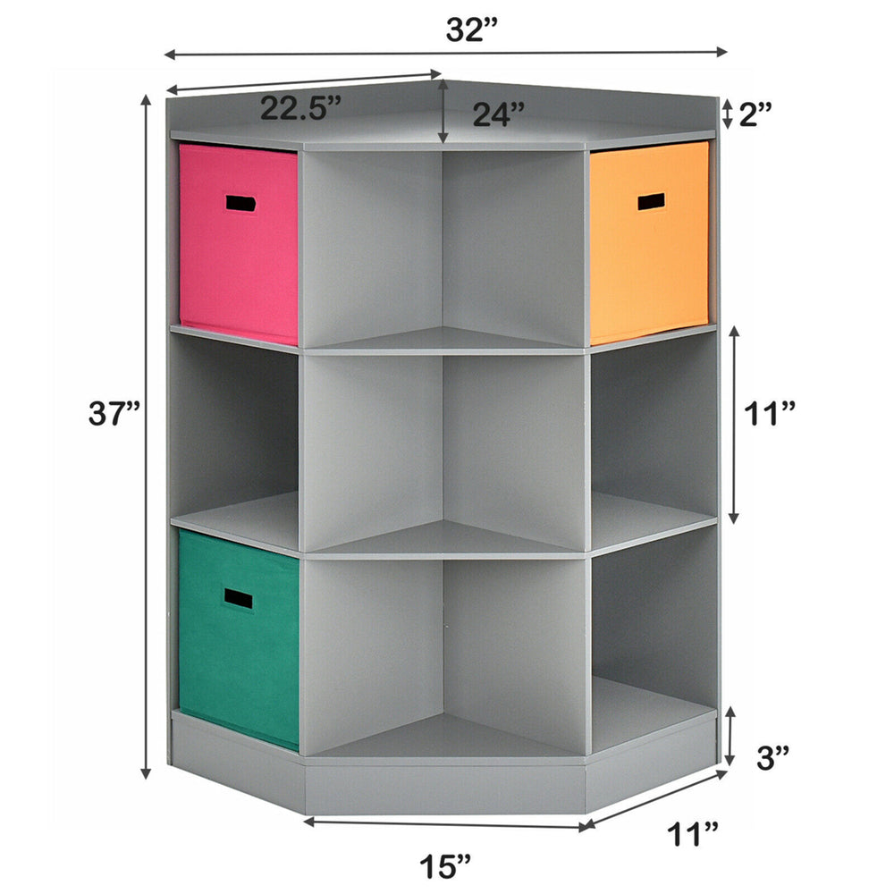 3-Tier Kid Storage Shelf Cubes w/3 Baskets Corner Cabinet Organizer Gray Image 2