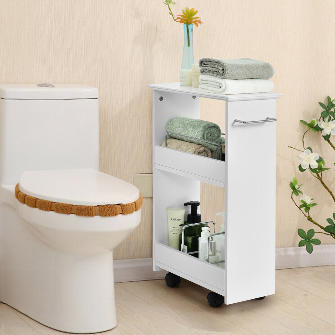 Slim Rolling Storage Cart 3-Tier Bathroom Cabinet Mobile Shelving Unit w/ Handle Image 3