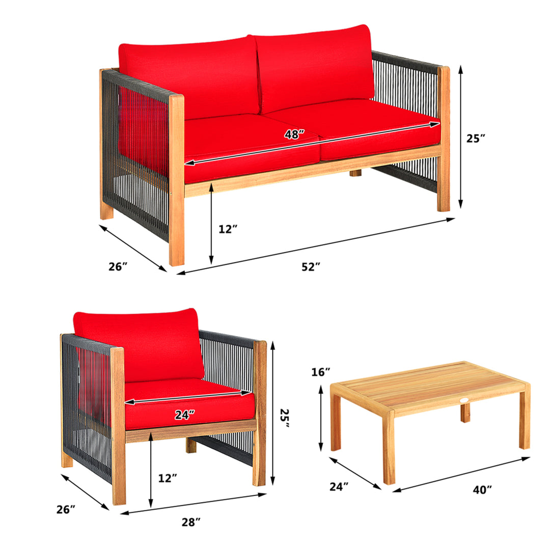 4PCS Acacia Wood Outdoor Patio Furniture Conversation Set W/ Red Cushions Image 4