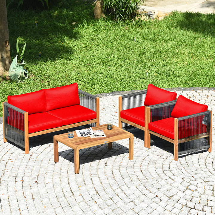 4PCS Acacia Wood Outdoor Patio Furniture Conversation Set W/ Red Cushions Image 3