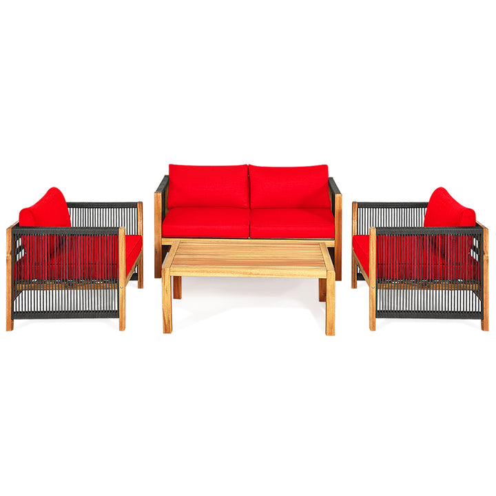 4PCS Acacia Wood Outdoor Patio Furniture Conversation Set W/ Red Cushions Image 6