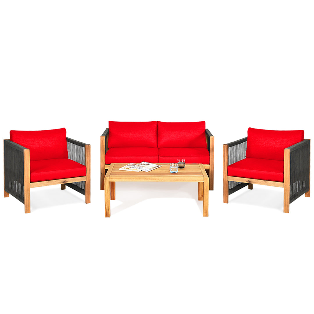 4PCS Acacia Wood Outdoor Patio Furniture Conversation Set W/ Red Cushions Image 5