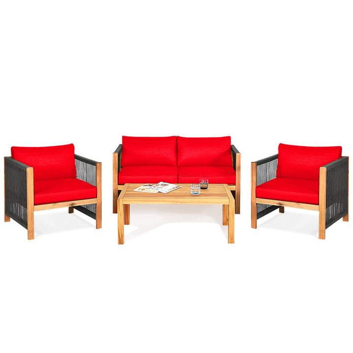 4PCS Acacia Wood Outdoor Patio Furniture Conversation Set W/ Red Cushions Image 5