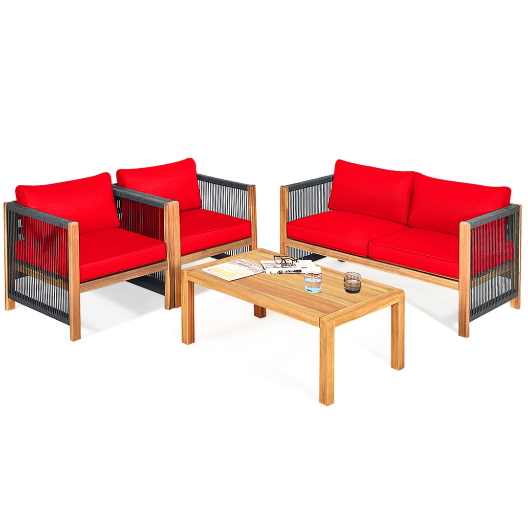 4PCS Acacia Wood Outdoor Patio Furniture Conversation Set W/ Red Cushions Image 2