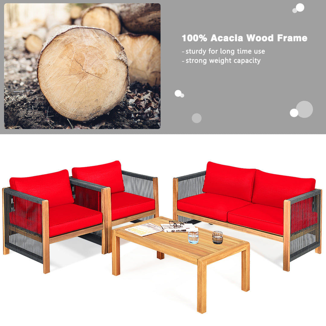 4PCS Acacia Wood Outdoor Patio Furniture Conversation Set W/ Red Cushions Image 7