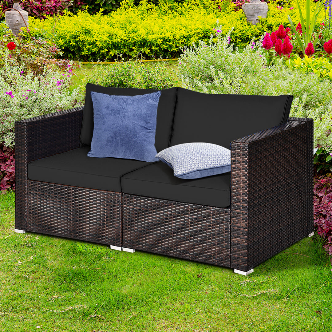 2PCS Rattan Corner Sofa Set Patio Outdoor Furniture Set w/ 4 Black Cushions Image 1