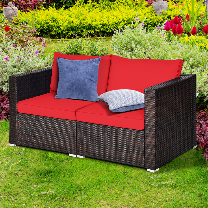 2PCS Rattan Corner Sofa Set Patio Outdoor Furniture Set w/ 4 Red Cushions Image 1