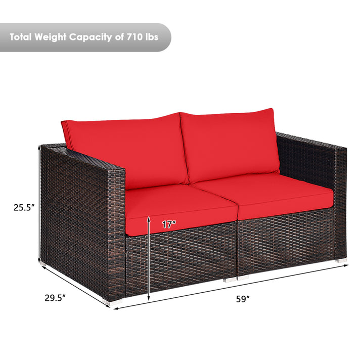 2PCS Rattan Corner Sofa Set Patio Outdoor Furniture Set w/ 4 Red Cushions Image 2