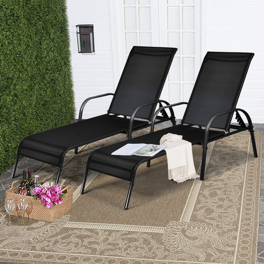 2PCS Adjustable Chaise Lounge Chair Recliner Patio Yard Outdoor w/ Armrest Black Image 1