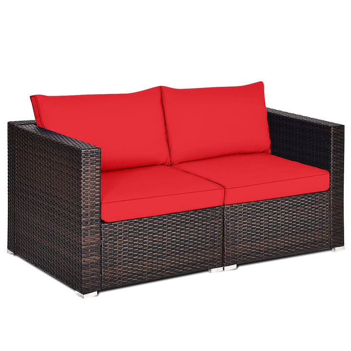 2PCS Rattan Corner Sofa Set Patio Outdoor Furniture Set w/ 4 Red Cushions Image 4