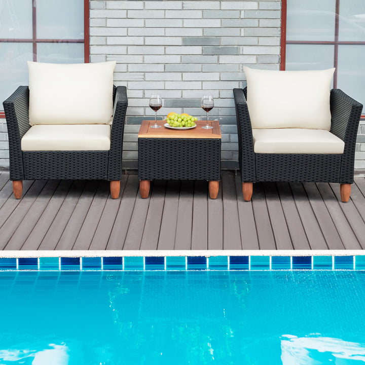 3PCS Cushioned Patio Conversation Furniture Set w/ Wooden Table Top and Feet Image 3