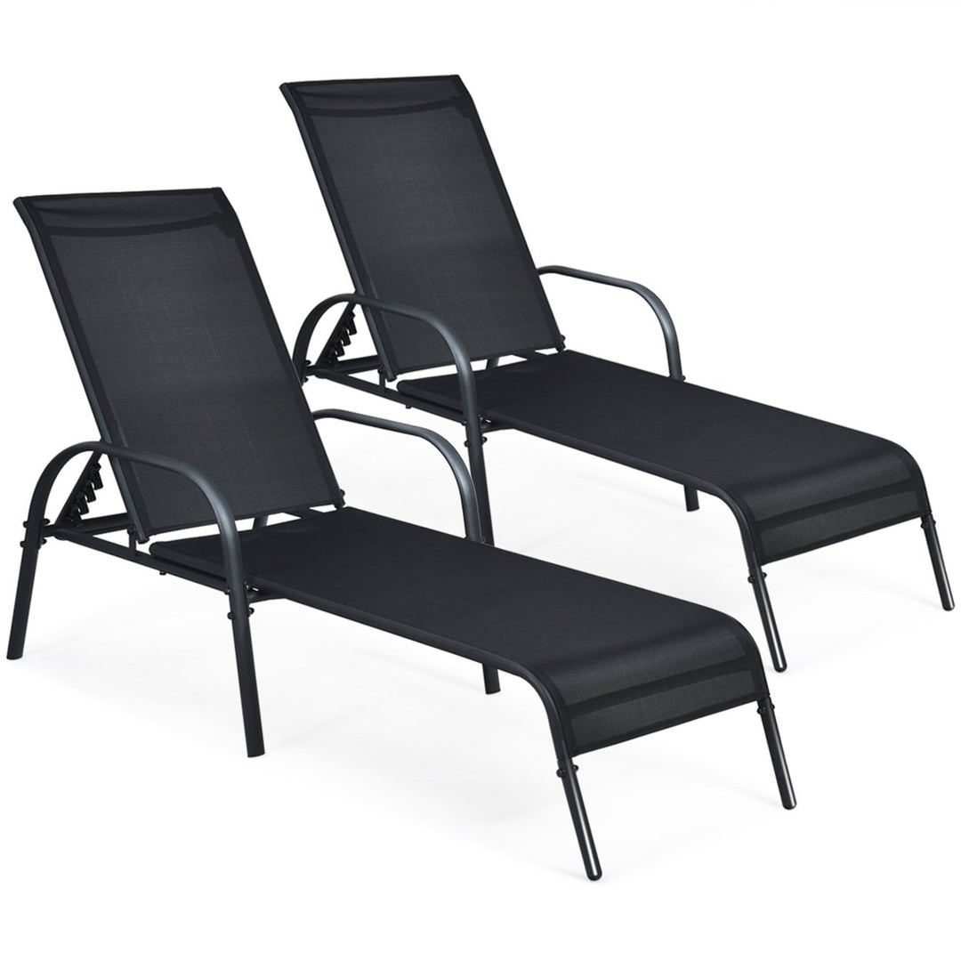 2PCS Adjustable Chaise Lounge Chair Recliner Patio Yard Outdoor w/ Armrest Black Image 2