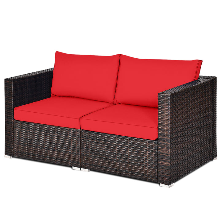 2PCS Rattan Corner Sofa Set Patio Outdoor Furniture Set w/ 4 Red Cushions Image 5