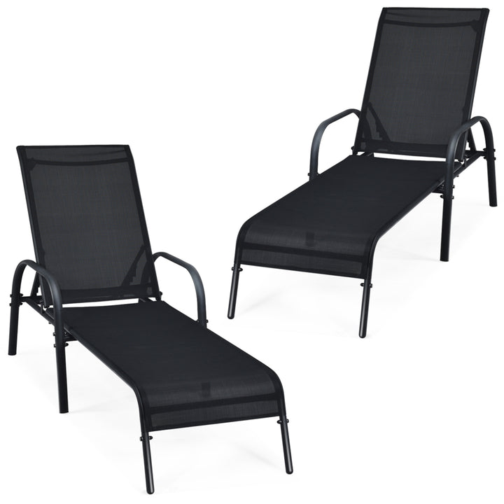 2PCS Adjustable Chaise Lounge Chair Recliner Patio Yard Outdoor w/ Armrest Black Image 4