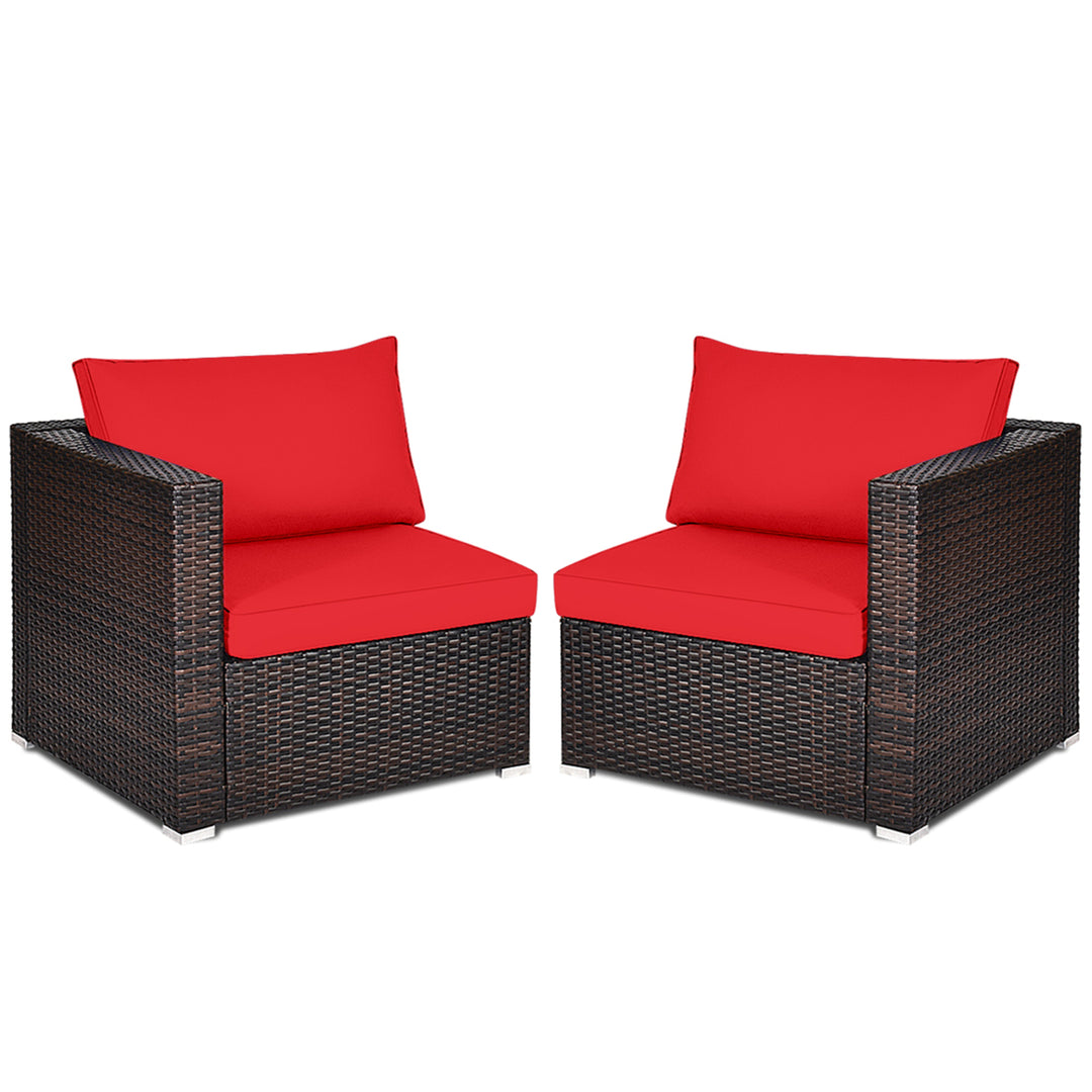 2PCS Rattan Corner Sofa Set Patio Outdoor Furniture Set w/ 4 Red Cushions Image 6