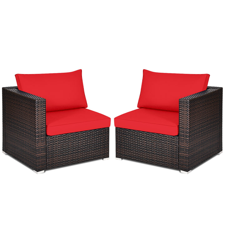 2PCS Rattan Corner Sofa Set Patio Outdoor Furniture Set w/ 4 Red Cushions Image 6