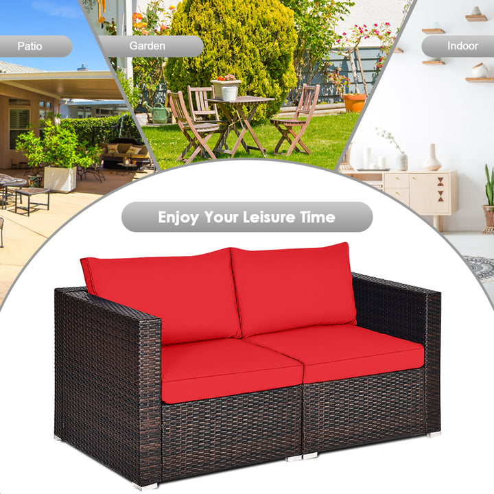 2PCS Rattan Corner Sofa Set Patio Outdoor Furniture Set w/ 4 Red Cushions Image 7