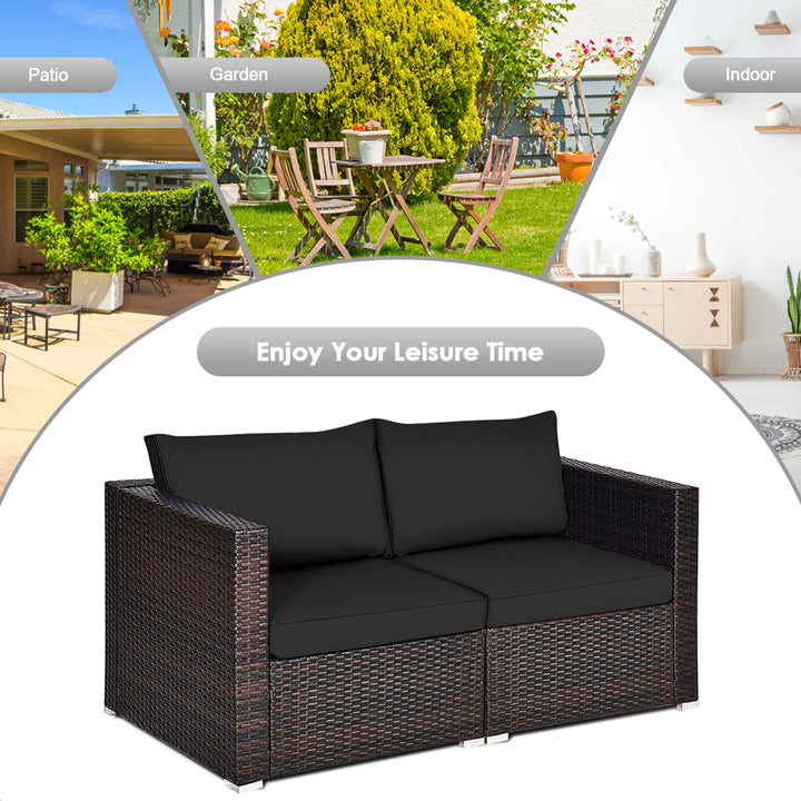 2PCS Rattan Corner Sofa Set Patio Outdoor Furniture Set w/ 4 Black Cushions Image 7