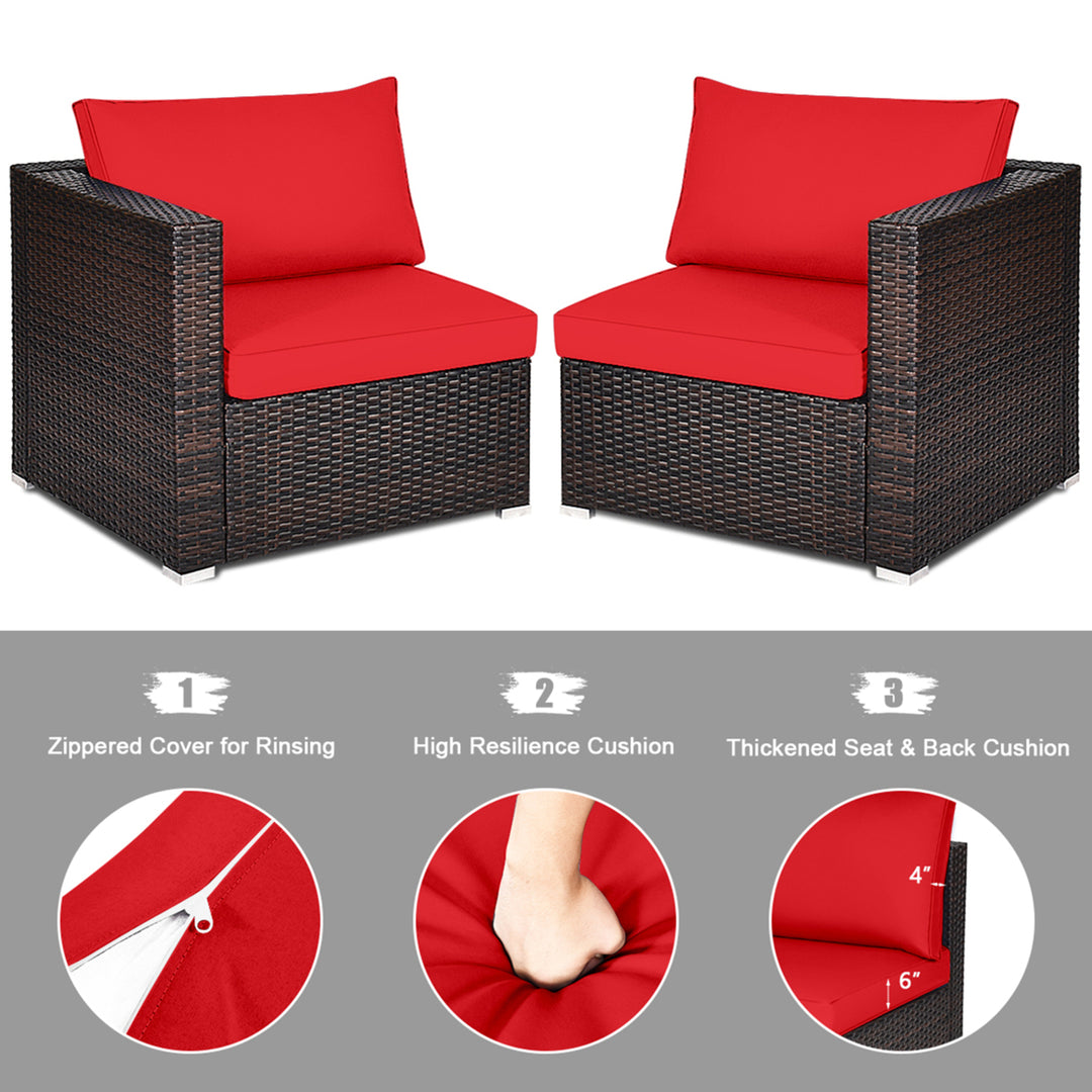 2PCS Rattan Corner Sofa Set Patio Outdoor Furniture Set w/ 4 Red Cushions Image 9