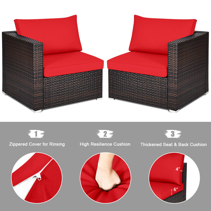 2PCS Rattan Corner Sofa Set Patio Outdoor Furniture Set w/ 4 Red Cushions Image 9