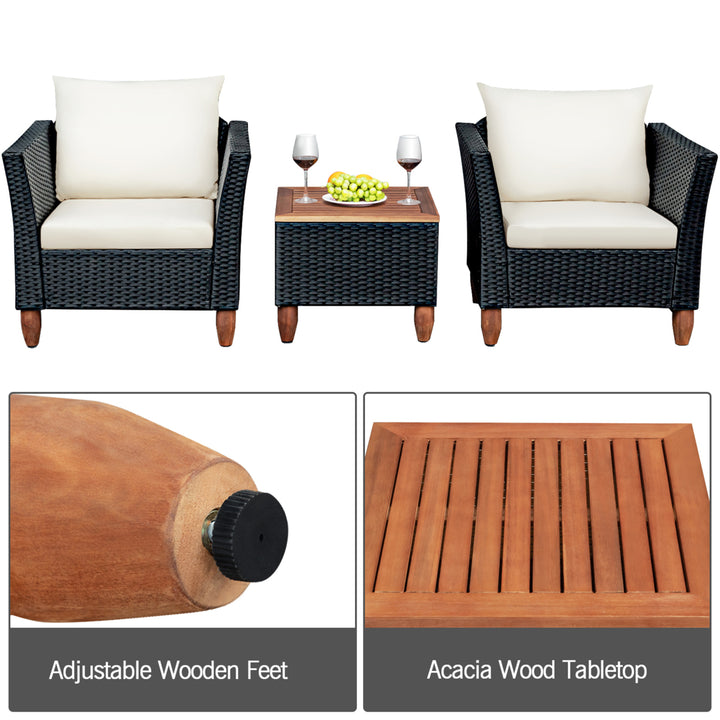 3PCS Cushioned Patio Conversation Furniture Set w/ Wooden Table Top and Feet Image 9