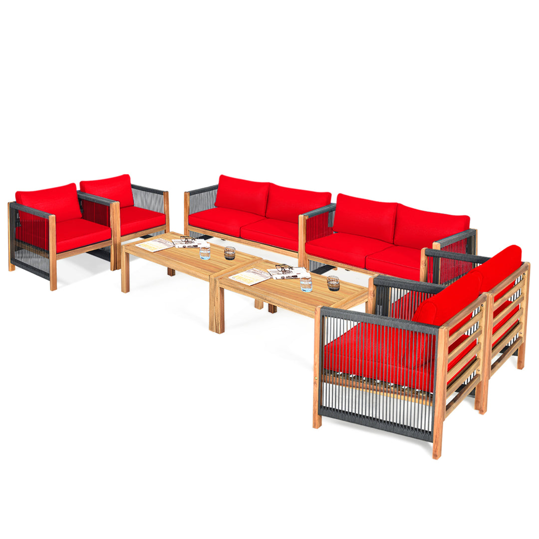 8PCS Acacia Wood Outdoor Patio Furniture Conversation Set W/ Red Cushions Image 1