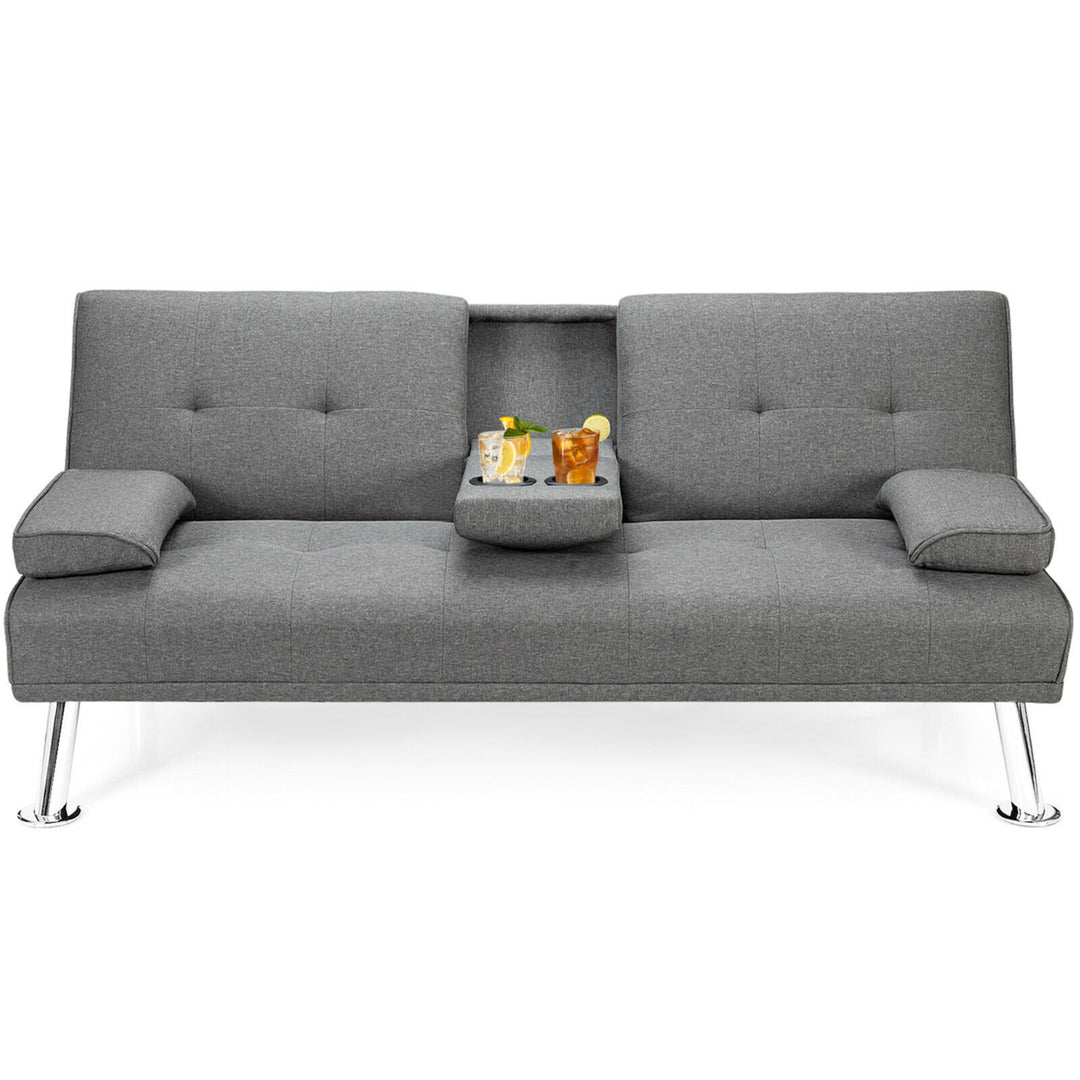 Fabric Folding Convertible Futon Sofa Bed with 2 Cup Holders Dark/Light Gray Image 5