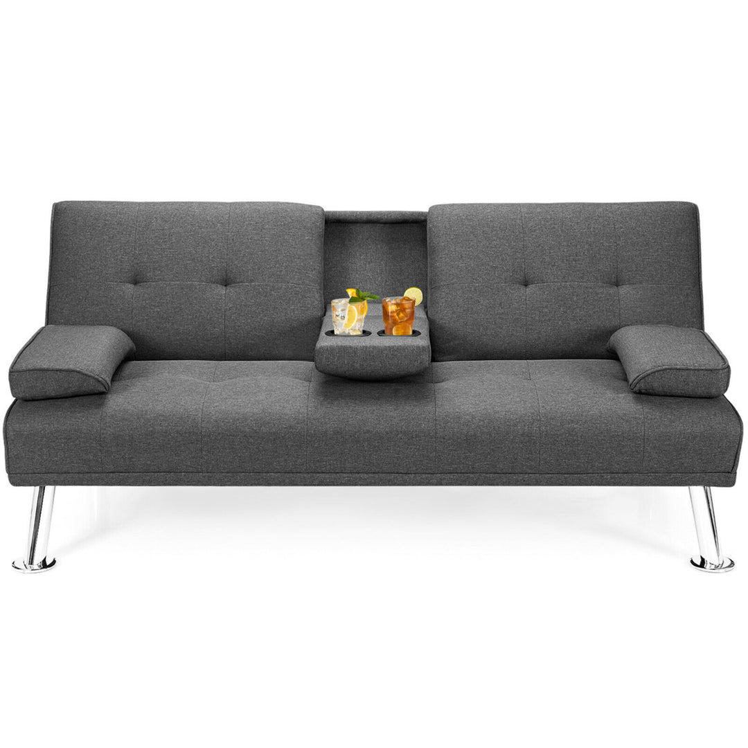 Fabric Folding Convertible Futon Sofa Bed with 2 Cup Holders Dark/Light Gray Image 4