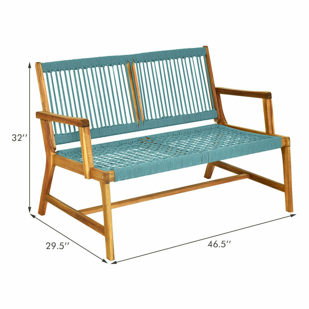 Wooden Rope Bench Loveseat Patio Garden Outdoor w/ Backrest and Armrest Image 2