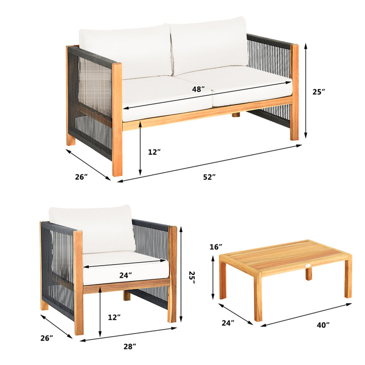 4PCS Acacia Wood Outdoor Patio Furniture Conversation Set W/ White Cushions Image 3