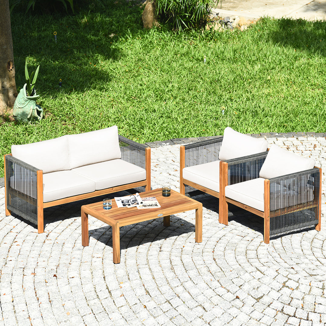 4PCS Acacia Wood Outdoor Patio Furniture Conversation Set W/ White Cushions Image 4