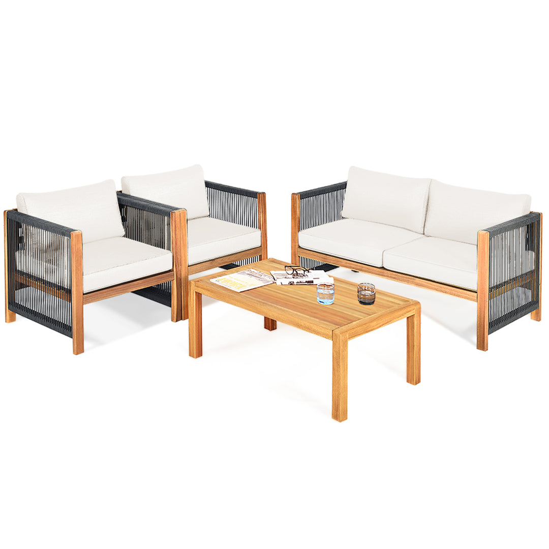 4PCS Acacia Wood Outdoor Patio Furniture Conversation Set W/ White Cushions Image 6