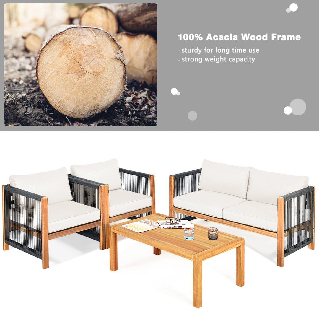 4PCS Acacia Wood Outdoor Patio Furniture Conversation Set W/ White Cushions Image 7