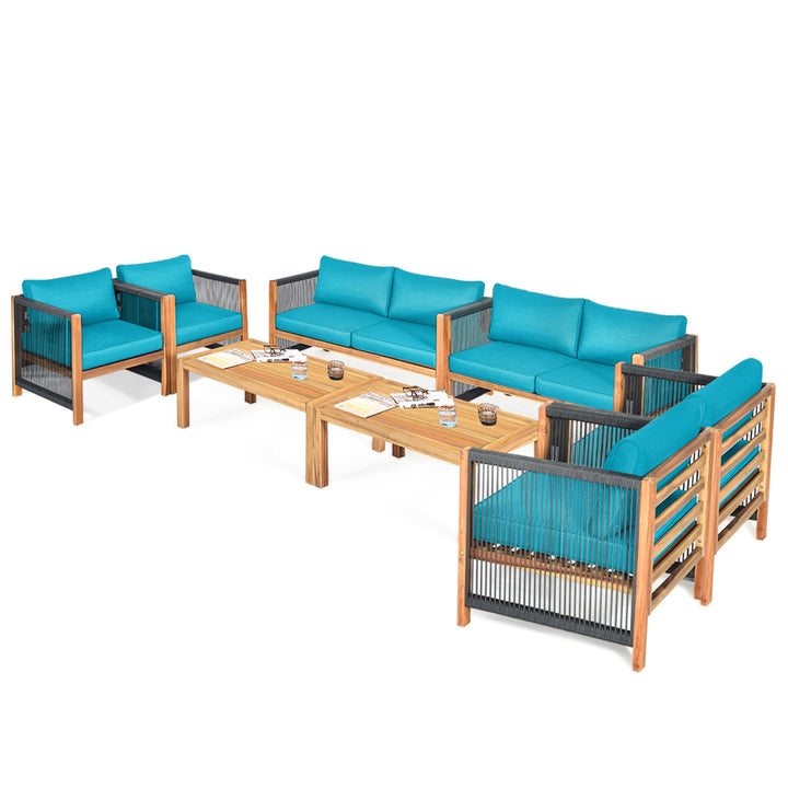 8PCS Acacia Wood Outdoor Patio Furniture Conversation Set W/ Turquoise Cushions Image 1