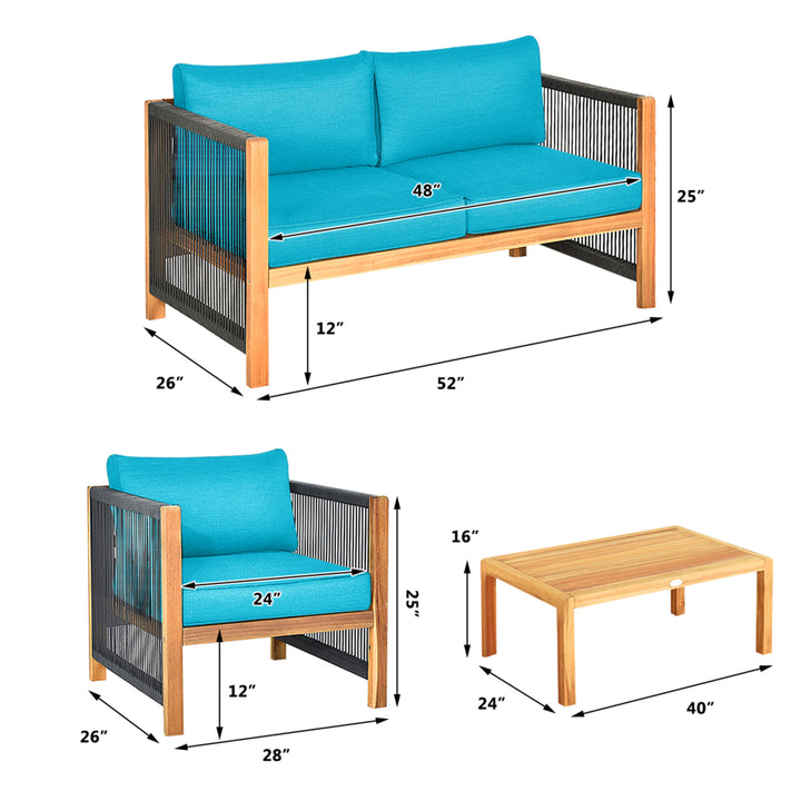 4PCS Acacia Wood Outdoor Patio Furniture Conversation Set W/ Turquoise Cushions Image 6