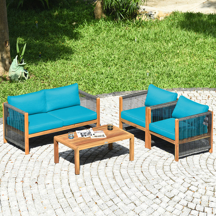 4PCS Acacia Wood Outdoor Patio Furniture Conversation Set W/ Turquoise Cushions Image 3