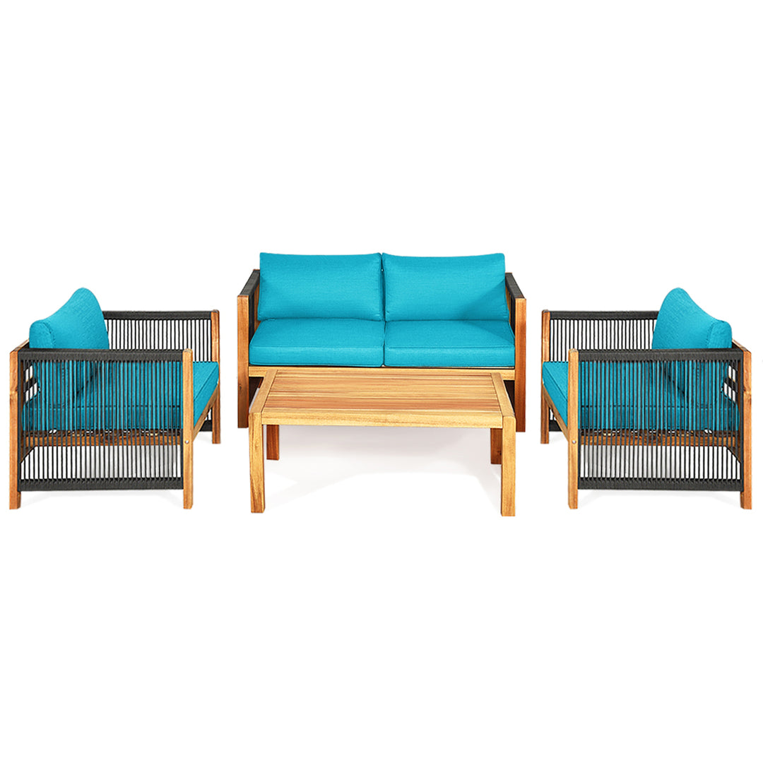 4PCS Acacia Wood Outdoor Patio Furniture Conversation Set W/ Turquoise Cushions Image 4