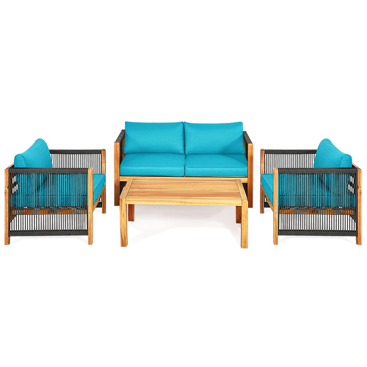 4PCS Acacia Wood Outdoor Patio Furniture Conversation Set W/ Turquoise Cushions Image 4