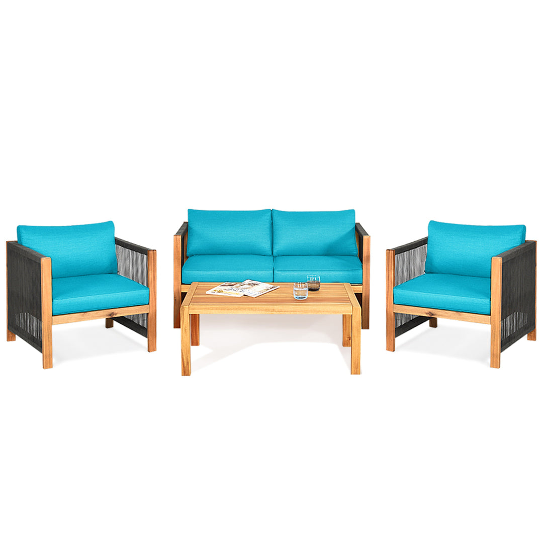 4PCS Acacia Wood Outdoor Patio Furniture Conversation Set W/ Turquoise Cushions Image 5