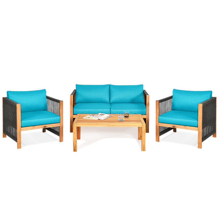 4PCS Acacia Wood Outdoor Patio Furniture Conversation Set W/ Turquoise Cushions Image 5