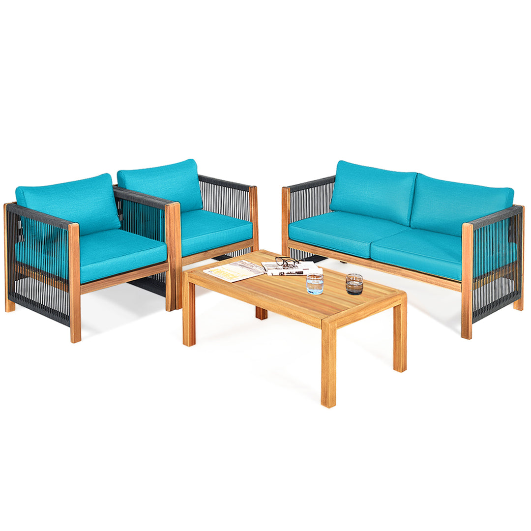 4PCS Acacia Wood Outdoor Patio Furniture Conversation Set W/ Turquoise Cushions Image 2